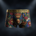 TITAN Crown Edition Men's Performance Boxer Briefs — bold tattoo artwork on matte black fabric