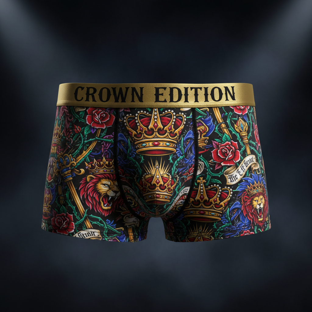 TITAN Crown Edition Men's Performance Boxer Briefs — bold tattoo artwork on matte black fabric
