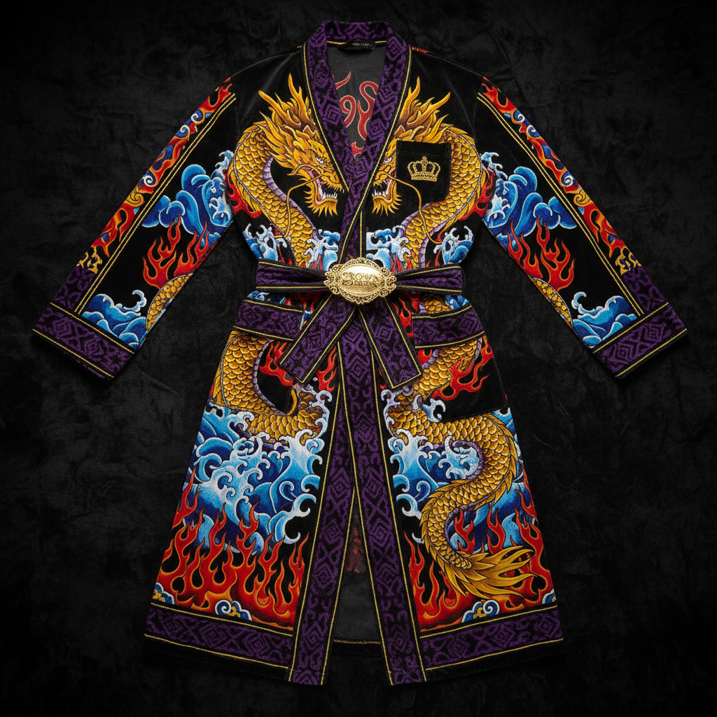 TITAN Crown Edition Tattoo Art Men's Lounge Robe - bold colorful tattoo artwork on matte black terry cloth