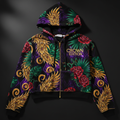 TITAN Crown Edition Tattoo Art Women's Cropped Zip-Up Lounge Hoodie - bold colorful tattoo artwork on matte black fleece