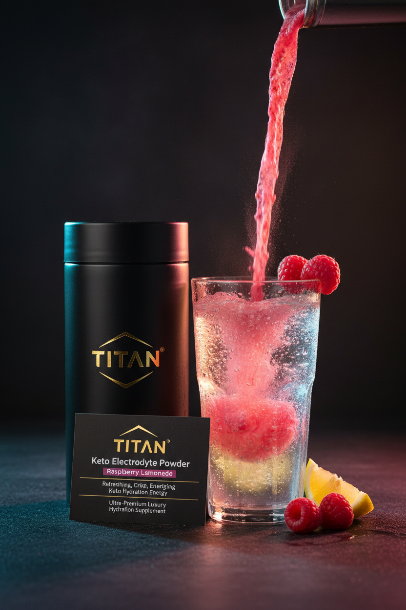 TITAN Keto Electrolyte Powder Raspberry Lemonade — refreshing action pour shot with raspberry lemonade swirls, fresh raspberries and lemon slices