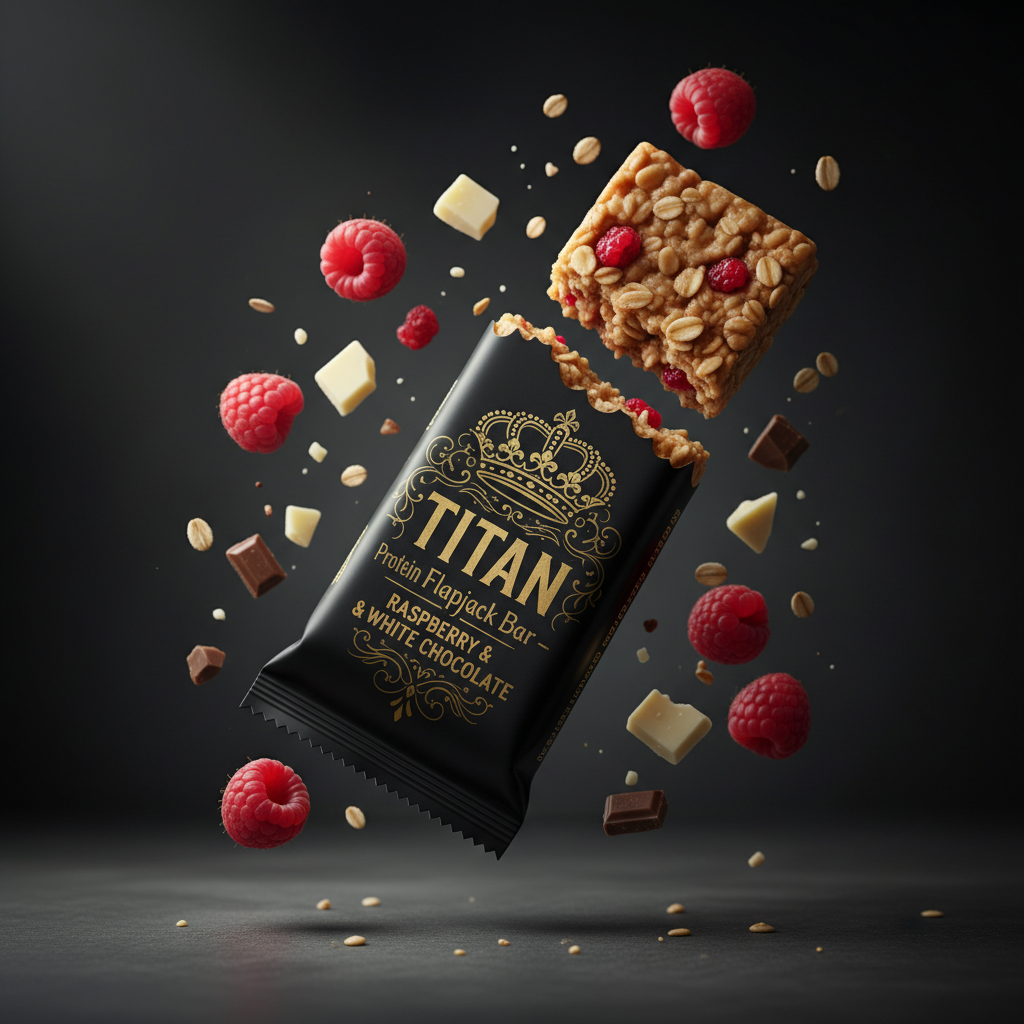TITAN Protein Flapjack Bar – Raspberry & White Chocolate, matte black packaging with gold crown tattoo artwork, chewy oat bar with fresh raspberries and white chocolate chunks