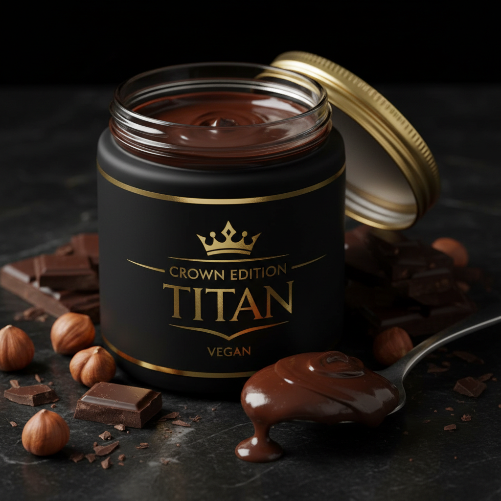 TITAN Hazelnut Dark Chocolate Spread Vegan Crown Edition — premium wide-mouth black glass jar product shot
