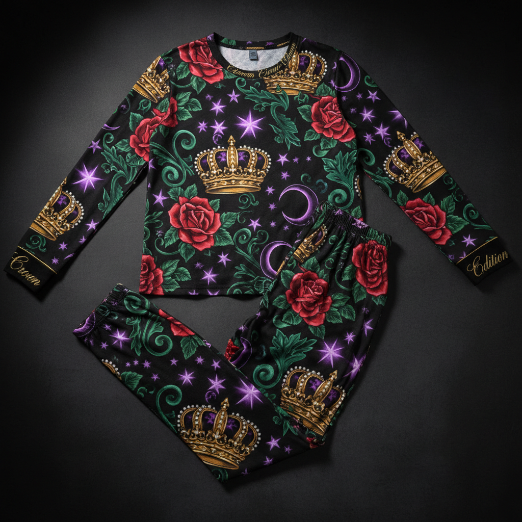 TITAN Crown Edition Tattoo Art Women's Lounge Pajama Set - bold colorful tattoo artwork on matte black modal fabric