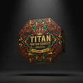 TITAN Protein Cookies 6-Pack packaging with cookie swirls, chocolate chips and crown tattoo-style Crown Edition artwork in chocolate brown, gold and crimson