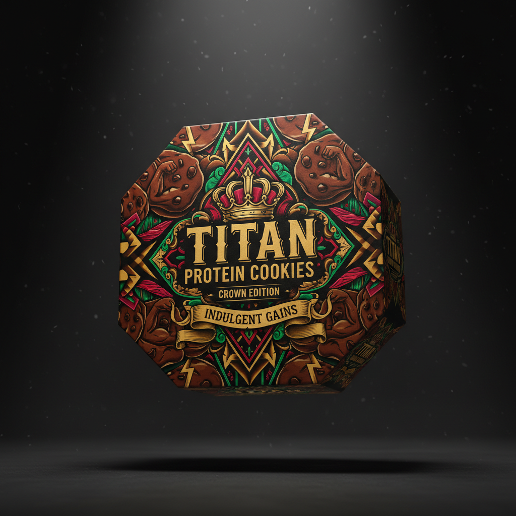 TITAN Protein Cookies 6-Pack packaging with cookie swirls, chocolate chips and crown tattoo-style Crown Edition artwork in chocolate brown, gold and crimson