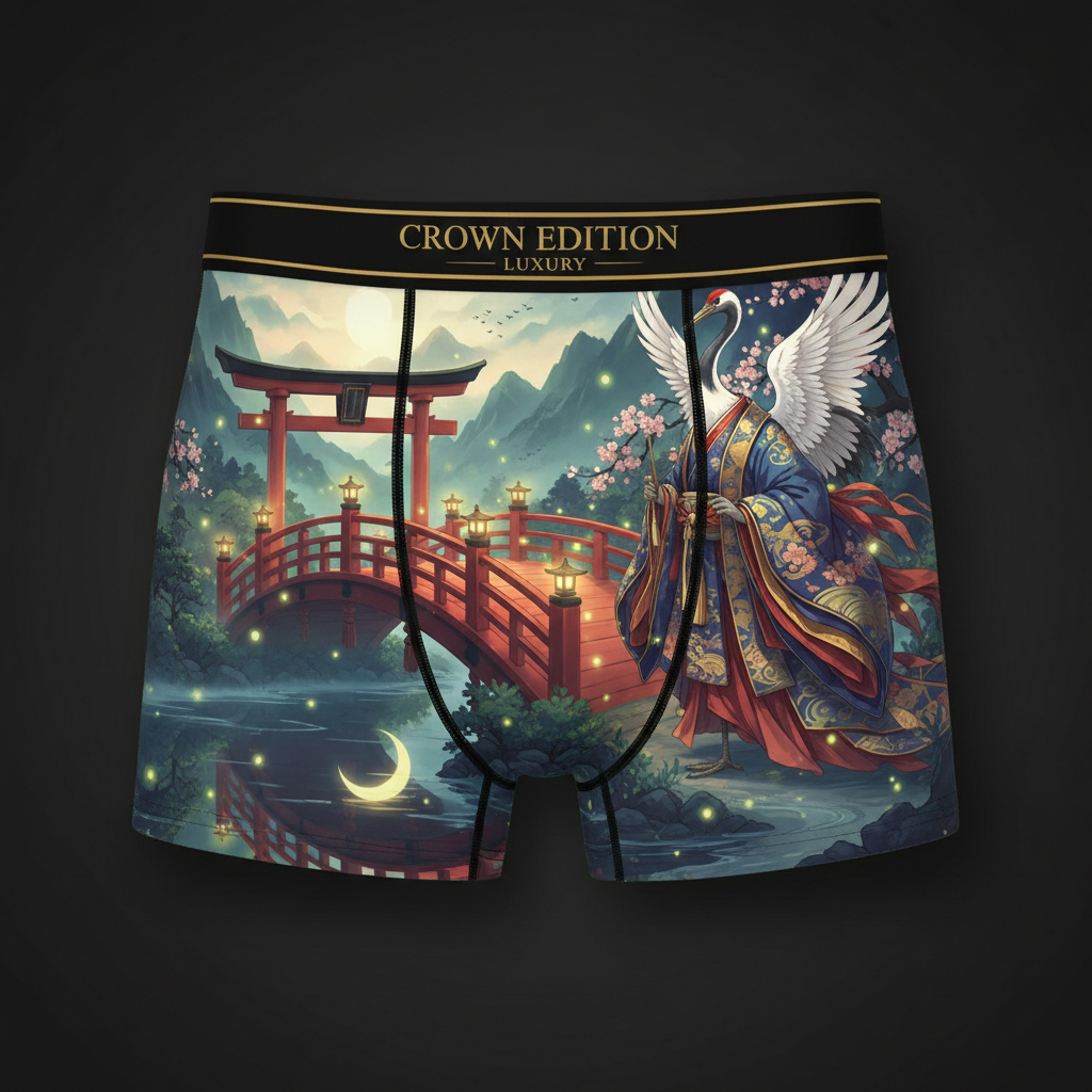 TITAN Imperial Crane Women's Cozy Boxer Shorts Crown Edition — crane in imperial court robes anime art on matte black