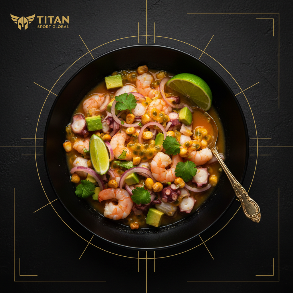 TITAN Ecuadorian Shrimp Octopus Ceviche Breakfast Bowl flat lay dark luxury