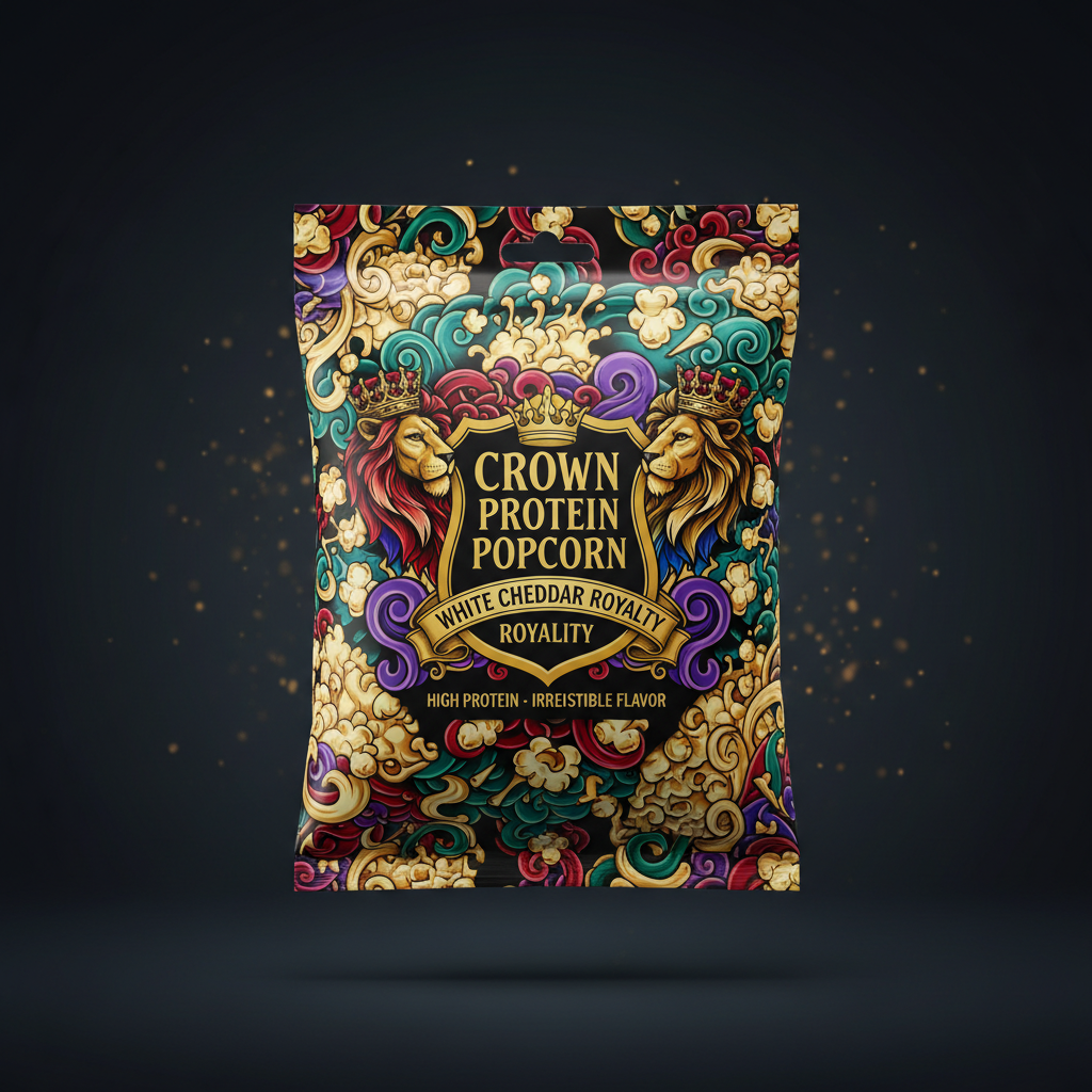 TITAN High-Protein Popcorn White Cheddar Flavor — Crown Edition bold tattoo-style artwork