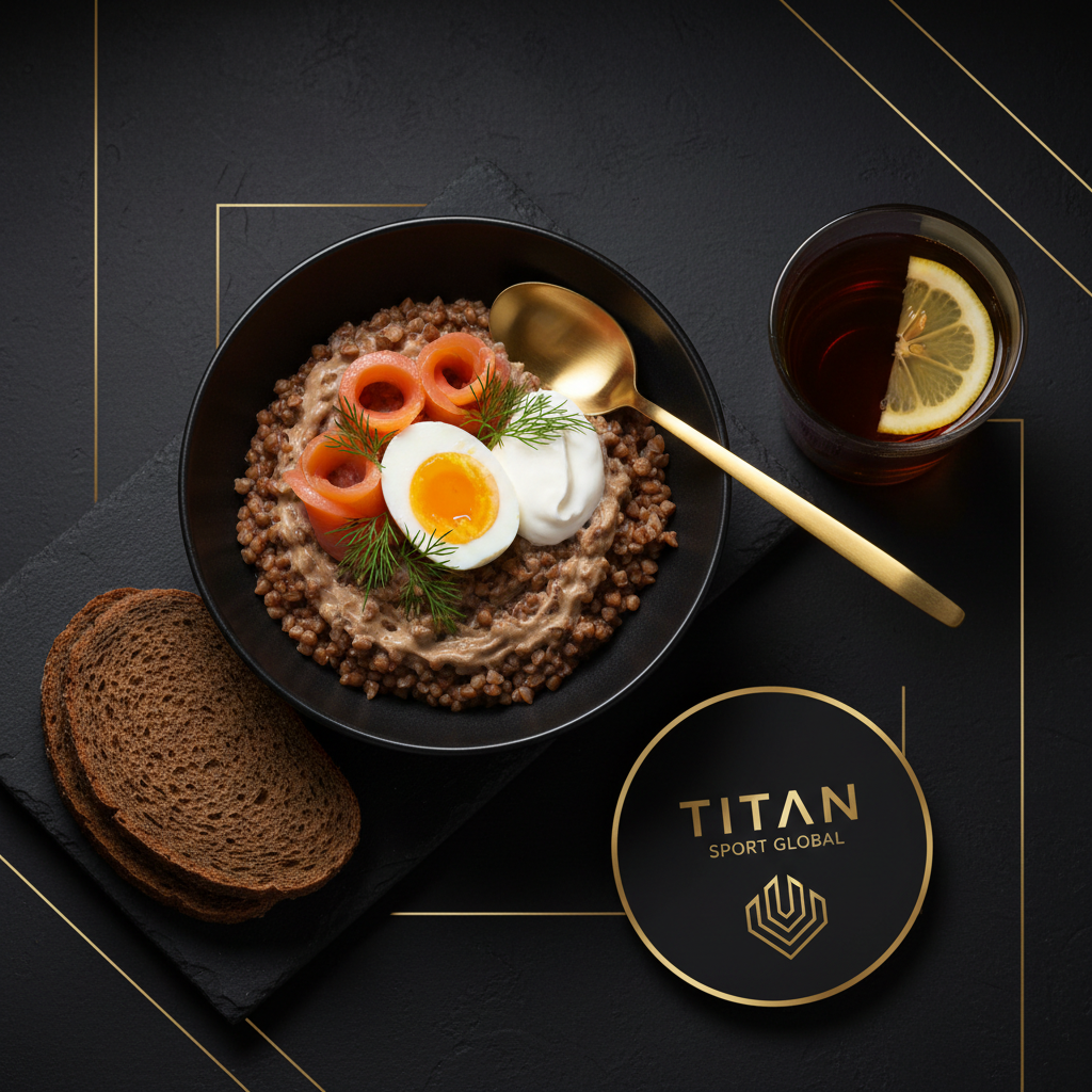 TITAN Russian Buckwheat Kasha Smoked Salmon Breakfast flat lay dark luxury