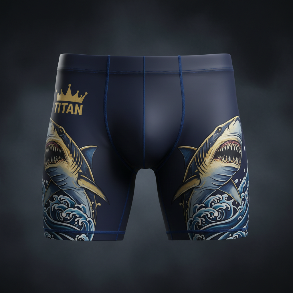 TITAN Men's Compression Slimming Swim Trunks Ocean Navy Shark Crown Edition flat lay
