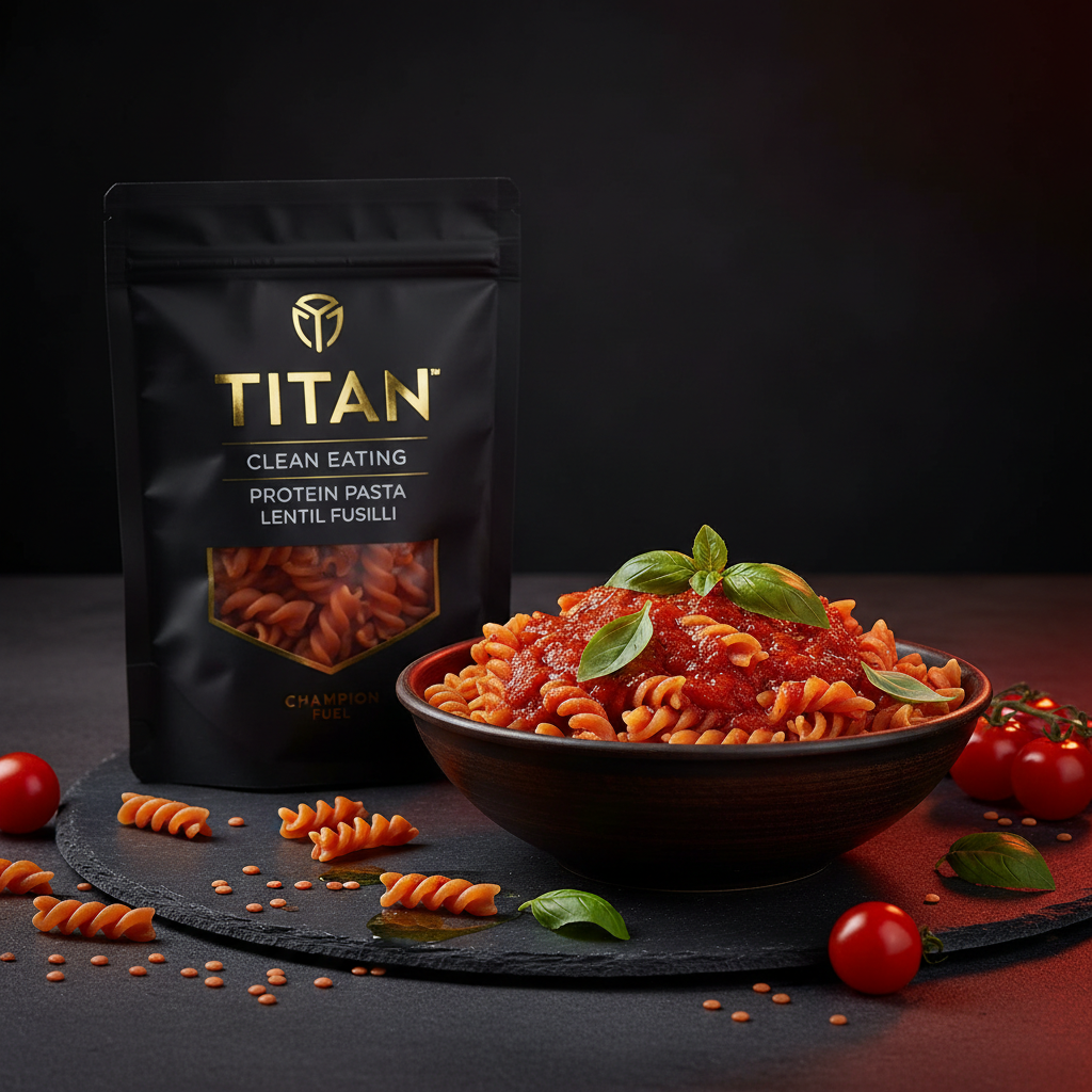 TITAN Clean Eating Protein Pasta Lentil Fusilli — rustic Italian plated dish with red lentil fusilli in tomato sauce, fresh basil and cherry tomatoes