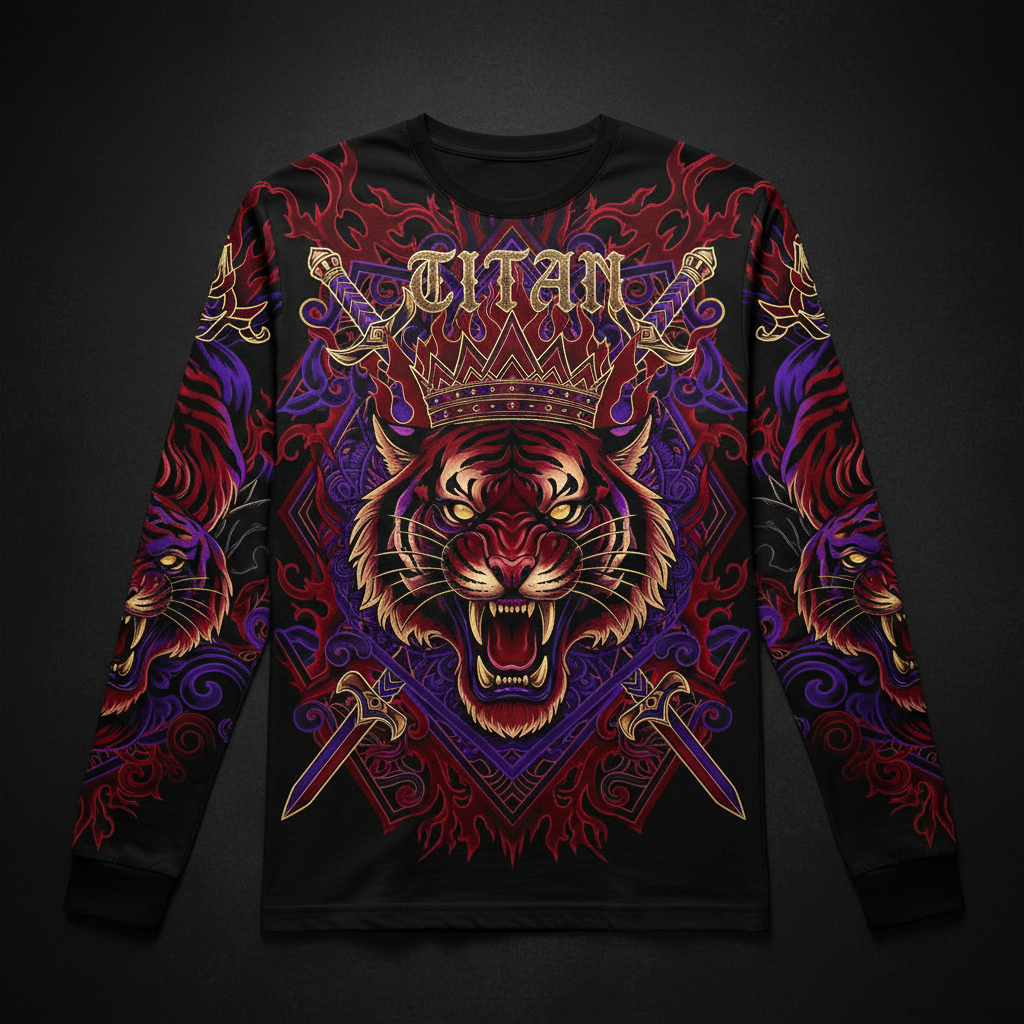TITAN Printed Long Sleeve Tee — Roaring tiger mandala tattoo-style artwork in crimson and electric purple