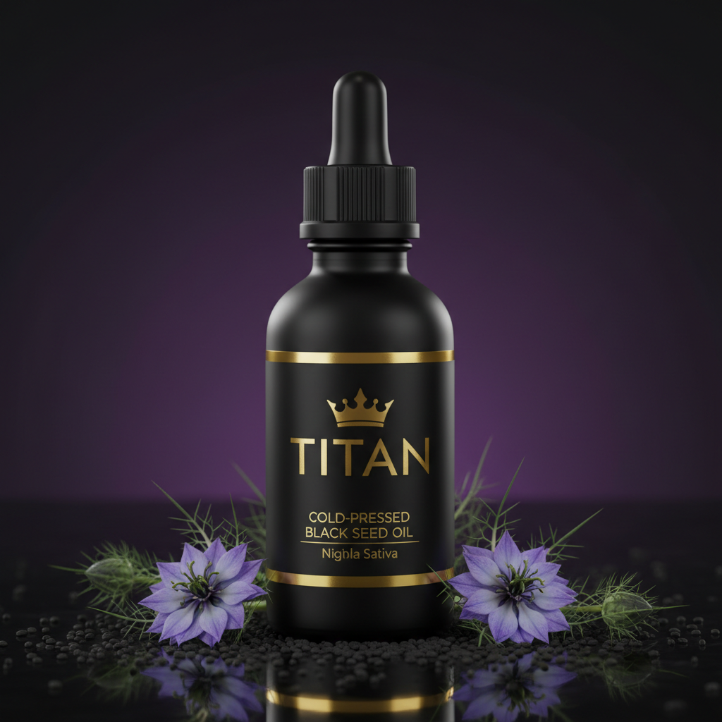 TITAN Black Seed Oil Cold-Pressed Nigella Sativa Crown Edition — premium matte black dropper bottle product shot