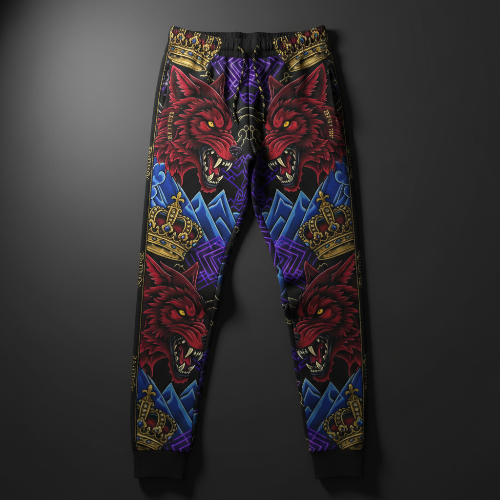 TITAN Crown Edition Tattoo Art Men's Lounge Joggers - bold wolf summit tattoo artwork on matte black fabric