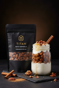 TITAN Keto Granola Cinnamon Pecan — warm morning mason jar shot layered with yogurt, cinnamon stick and honey drizzle