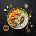 TITAN Caribbean Pineapple Shrimp Protein Bowl Breakfast flat lay dark luxury