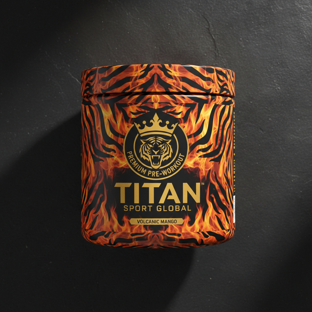 TITAN Pre-Workout Energy Formula Tiger Flame Crown Edition tub flat lay