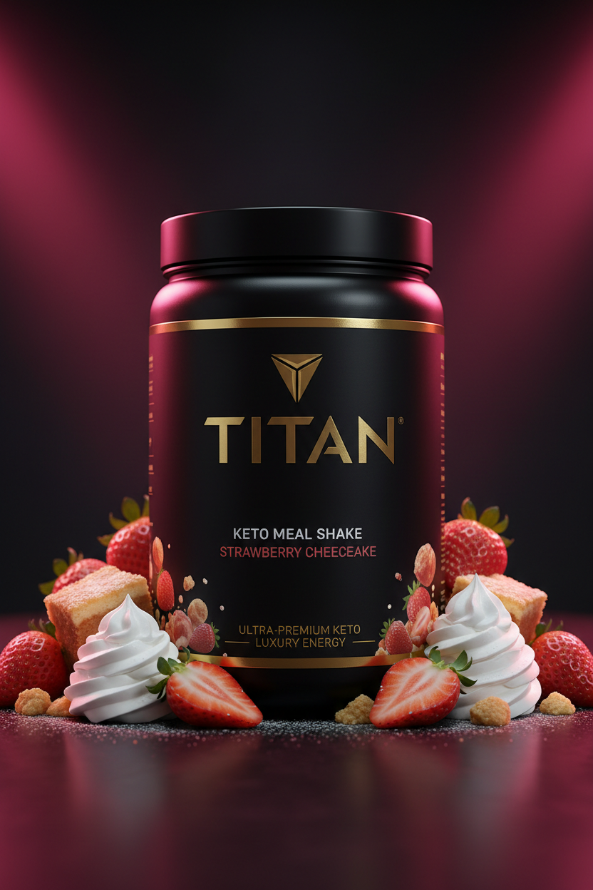 TITAN Keto Meal Shake Strawberry Cheesecake — glamorous upright canister with fresh strawberries, cheesecake crumble and cream, vibrant pink atmosphere