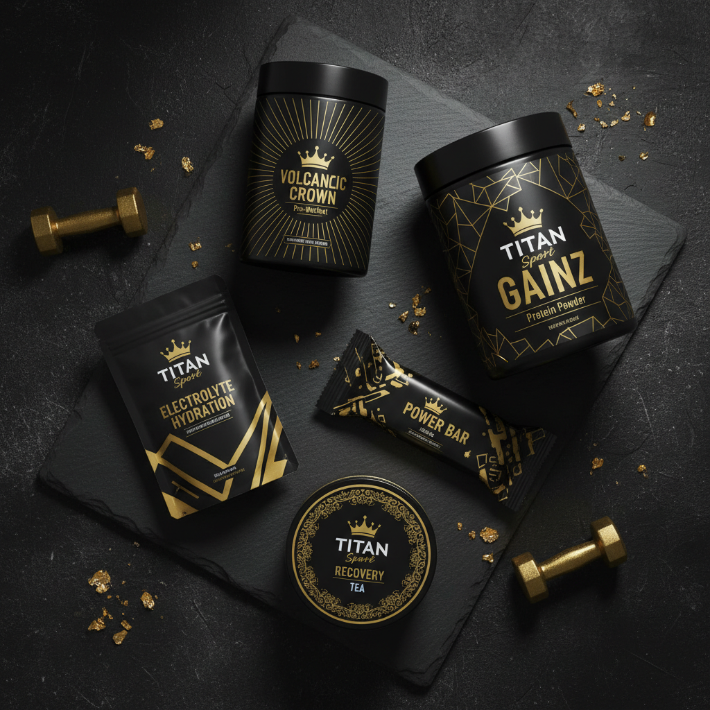 TITAN Full Day Fuel Stack — Pre-Workout, Protein, Electrolytes, Protein Bar & Recovery Tea flat lay