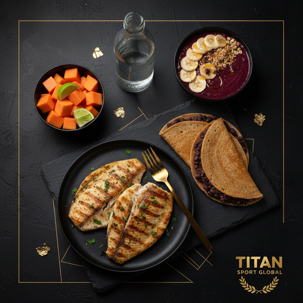 TITAN Brazilian Tilapia Tapioca Power Breakfast meal kit flat lay dark luxury