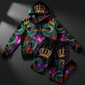 TITAN Crown Edition Tattoo Art Women's Lounge Hoodie and Jogger Set - bold colorful tattoo artwork on matte black fleece