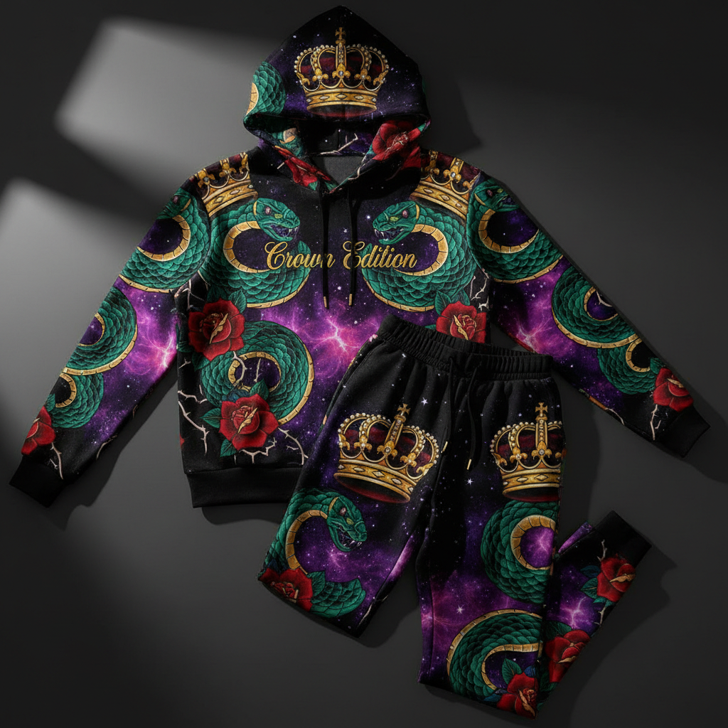 TITAN Crown Edition Tattoo Art Women's Lounge Hoodie and Jogger Set - bold colorful tattoo artwork on matte black fleece