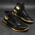 TITAN Men's Midnight Black Crown Basketball Shoes pitch black and gold flat lay
