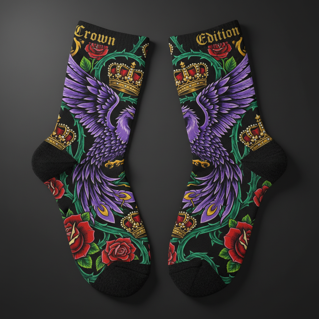 TITAN Crown Edition Tattoo Art Athletic Ankle Socks — bold colorful tattoo artwork on matte black fabric