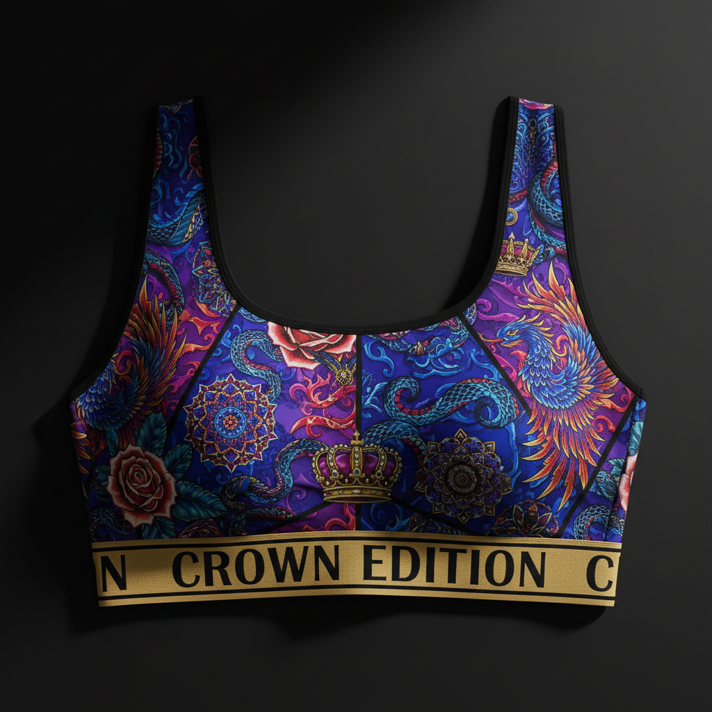 TITAN Crown Edition Phoenix Sports Bra — Royal Blue & Purple tattoo artwork