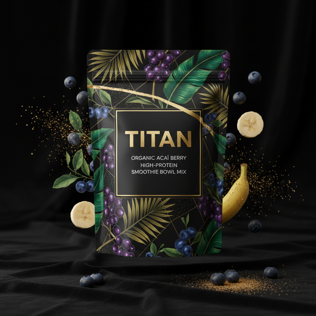 TITAN Organic High-Protein Smoothie Bowl Mix Acai Berry — ultra-premium luxury editorial product shot