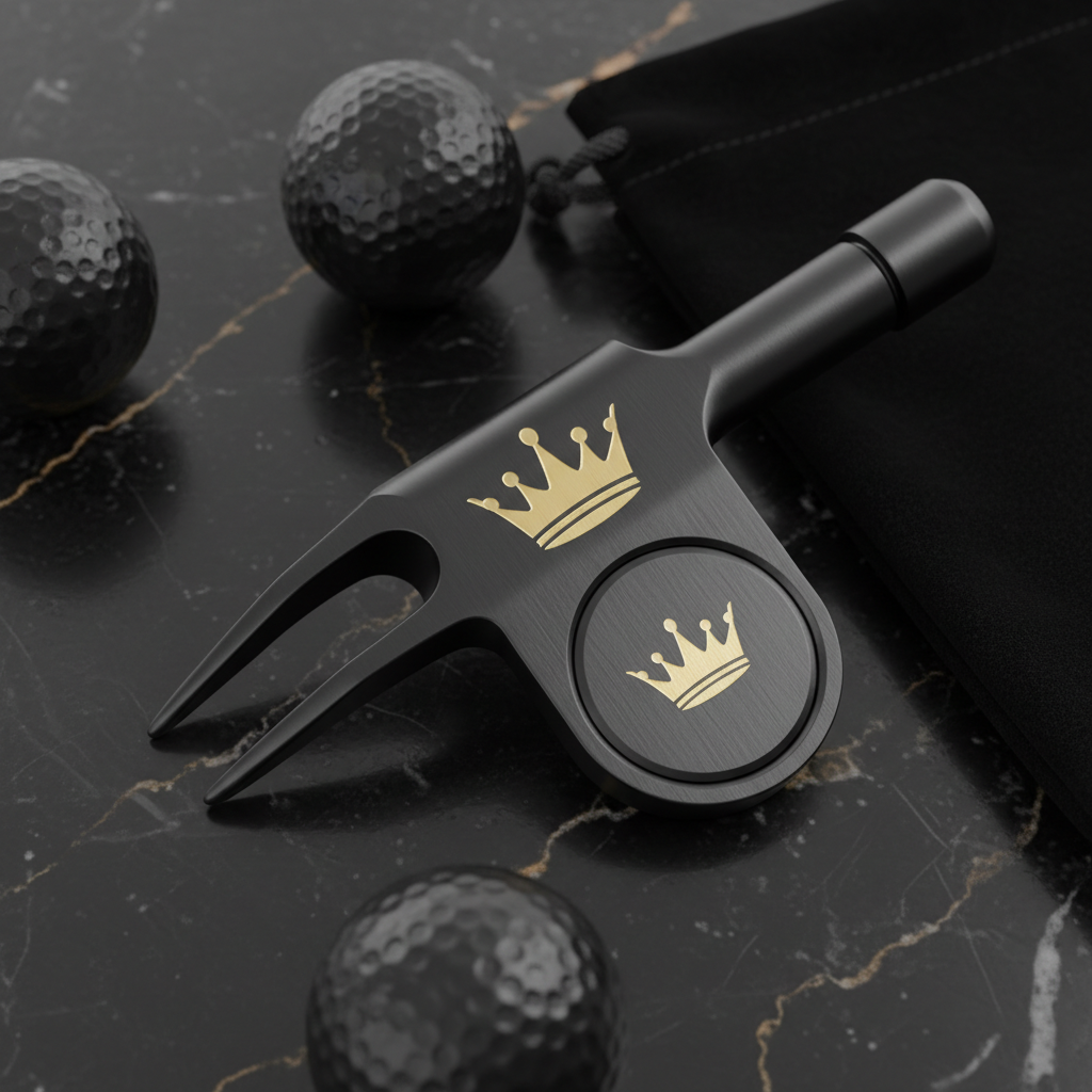 TITAN Golf Divot Tool and Ball Marker Set Crown Edition matte black gold engraving