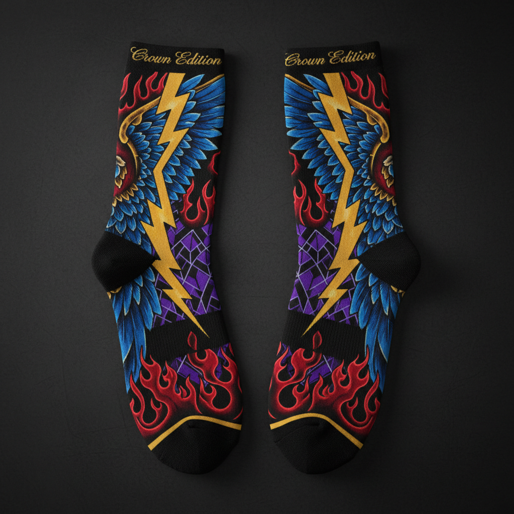 TITAN Crown Edition Tattoo Art Performance Running Socks - bold colorful tattoo artwork on matte black fabric