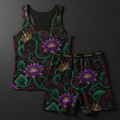 TITAN Crown Edition Tattoo Art Women's Lounge Ribbed Set - bold colorful tattoo artwork on matte black ribbed fabric