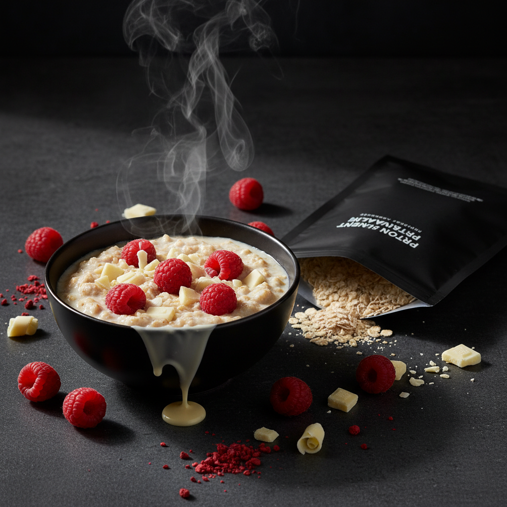 TITAN Protein Instant Oatmeal – Raspberry White Chocolate, premium product photography