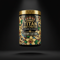 TITAN Whey Protein Vanilla Ice Cream container with vanilla bean flowers, swirling cream and crown tattoo-style Crown Edition artwork in gold, blue and crimson