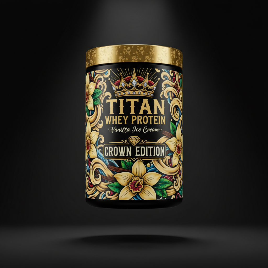 TITAN Whey Protein Vanilla Ice Cream container with vanilla bean flowers, swirling cream and crown tattoo-style Crown Edition artwork in gold, blue and crimson