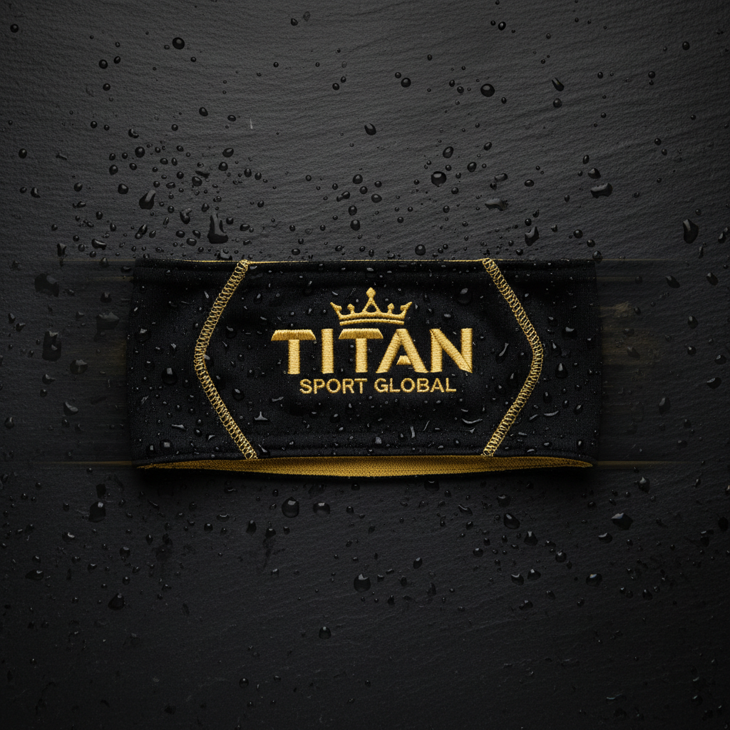 TITAN Crown Edition Performance Headband in matte black with gold TITAN logo, flat lay on dark studio background