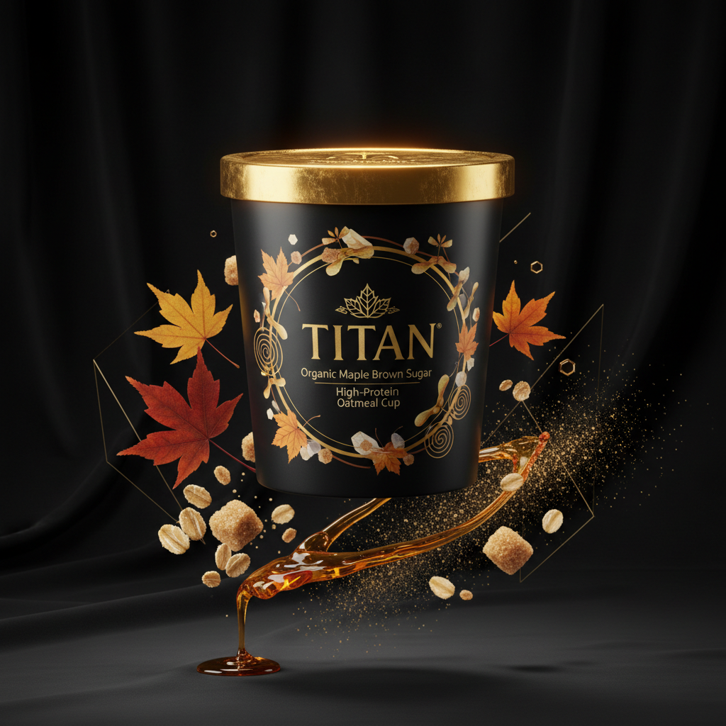 TITAN Organic High-Protein Oatmeal Cup Maple Brown Sugar — ultra-premium luxury editorial product shot