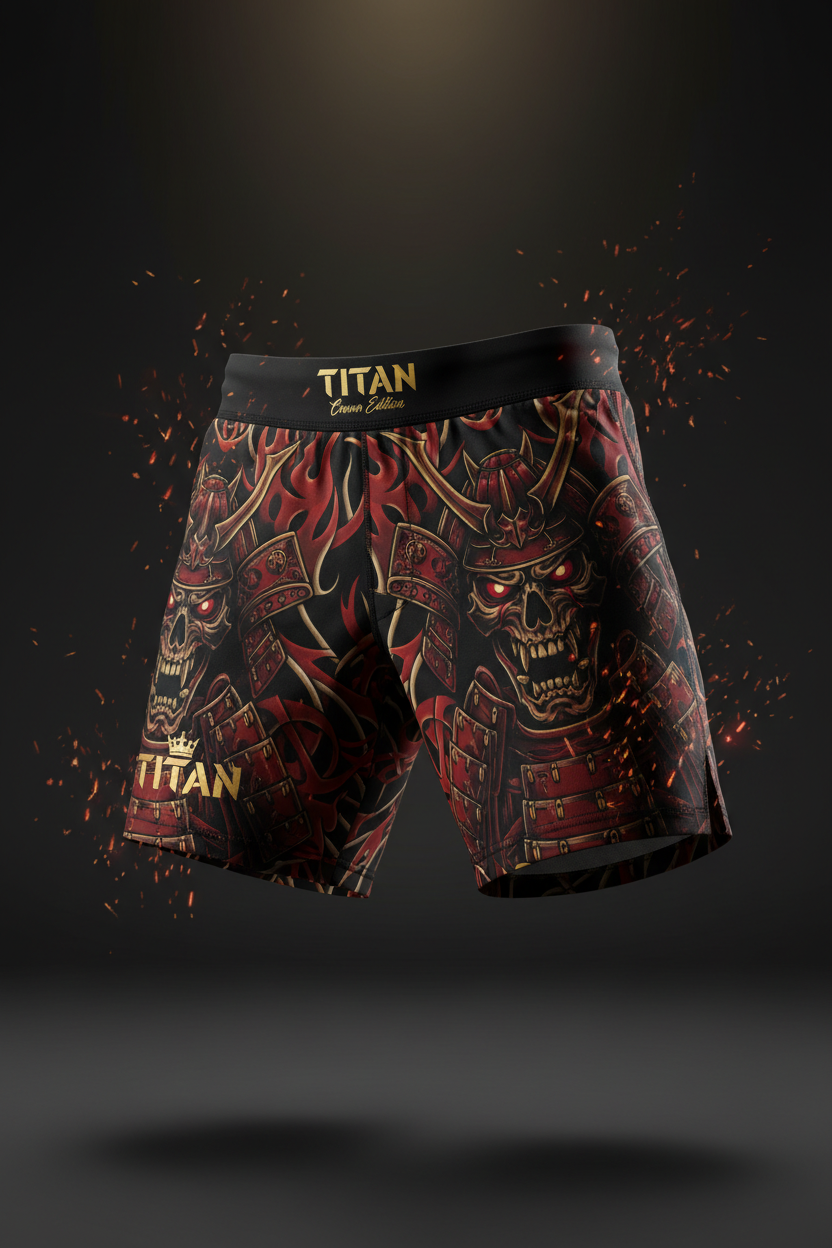 TITAN Elite Athletic Shorts Men Black & Gold — Crown Edition samurai warrior skull tattoo dynamic hanging shot