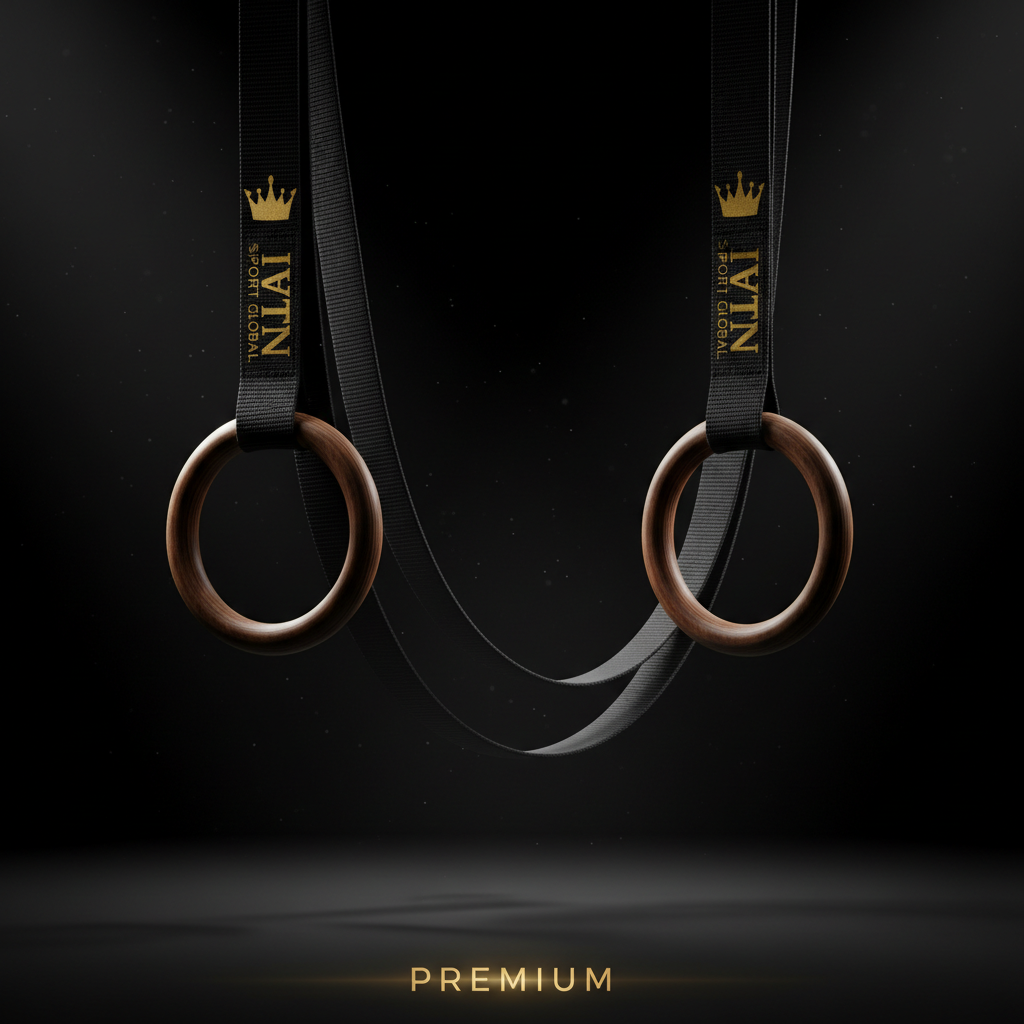 TITAN Gymnastic Rings Crown Edition — birch wood with matte black straps and gold crown logo