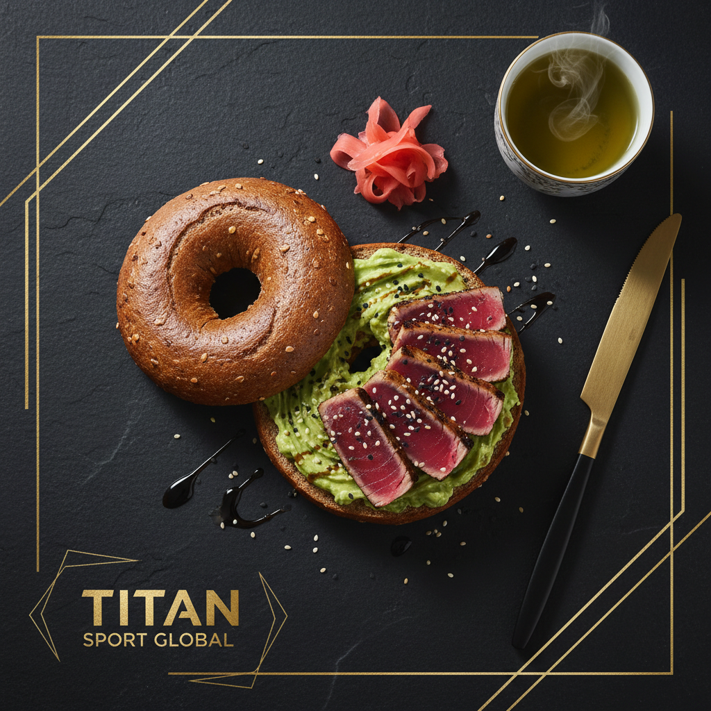 TITAN Japanese Seared Tuna Avocado Bagel Breakfast flat lay dark luxury