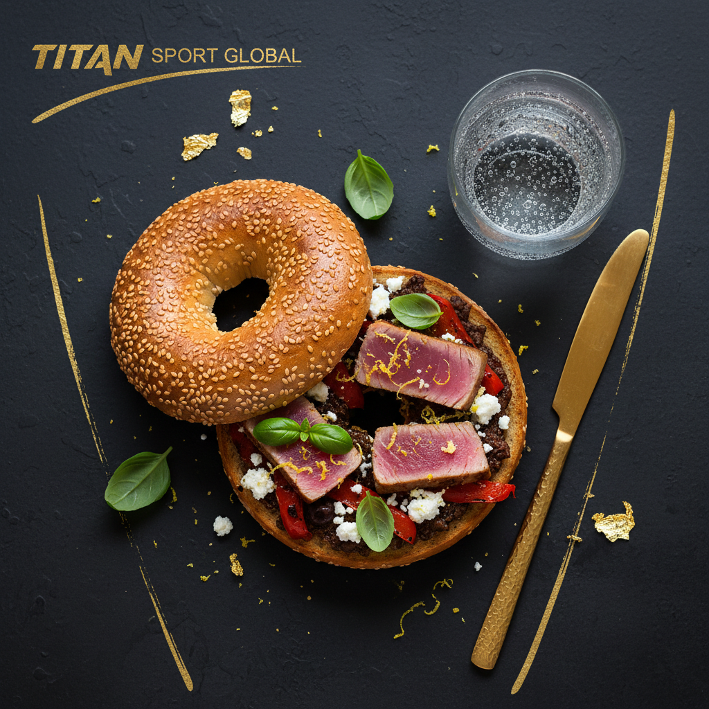 TITAN Mediterranean Tuna Olive Bagel Breakfast flat lay dark luxury