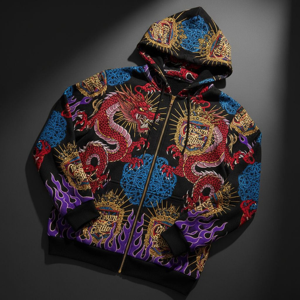 TITAN Crown Edition Tattoo Art Men's Lounge Zip-Up Hoodie - bold dragon mandala tattoo artwork on matte black fleece