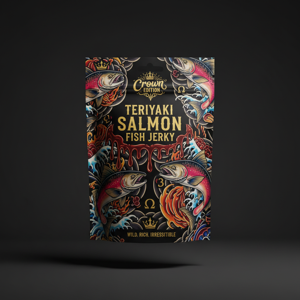 TITAN Protein Fish Jerky Teriyaki Salmon — Crown Edition bold tattoo-style artwork