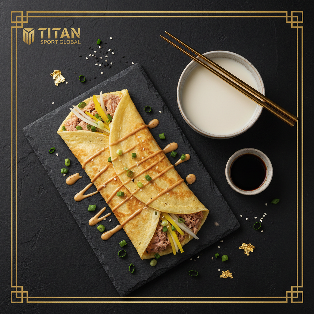 TITAN Taiwanese Tuna Dan Bing Egg Crepe Breakfast Wrap flat lay dark luxury