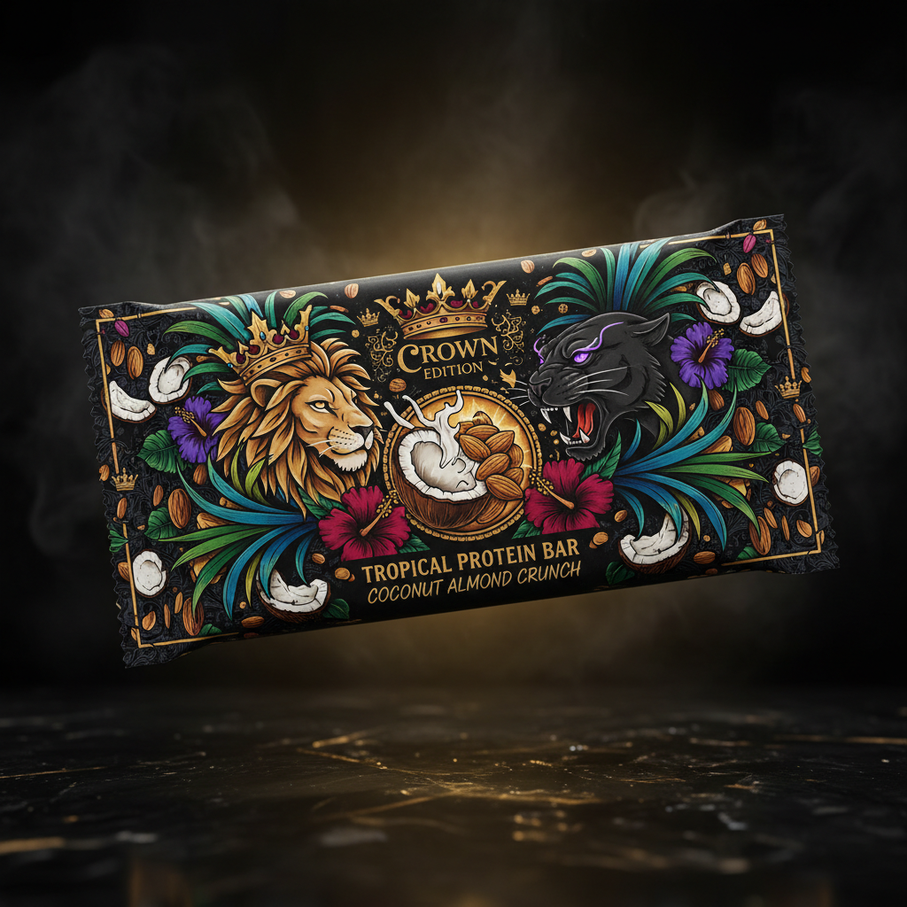 TITAN Protein Bar Coconut Almond — Crown Edition bold tattoo-style artwork