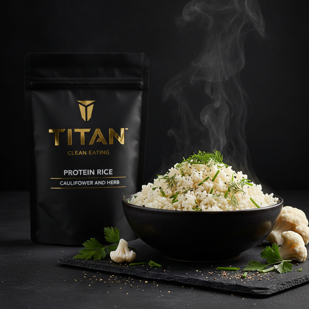 TITAN Clean Eating Protein Rice Cauliflower & Herb — steaming bowl shot with fluffy cauliflower rice, fresh herbs and olive oil drizzle