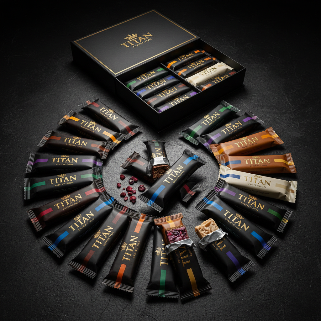 TITAN Vegan Protein Bar Mega Variety Pack 24 Bars Crown Edition — premium flat lay bundle product shot