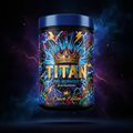 TITAN Pre-Workout Blue Raspberry container with lightning bolts, wild raspberries and crown tattoo-style Crown Edition artwork in electric blue, purple and gold